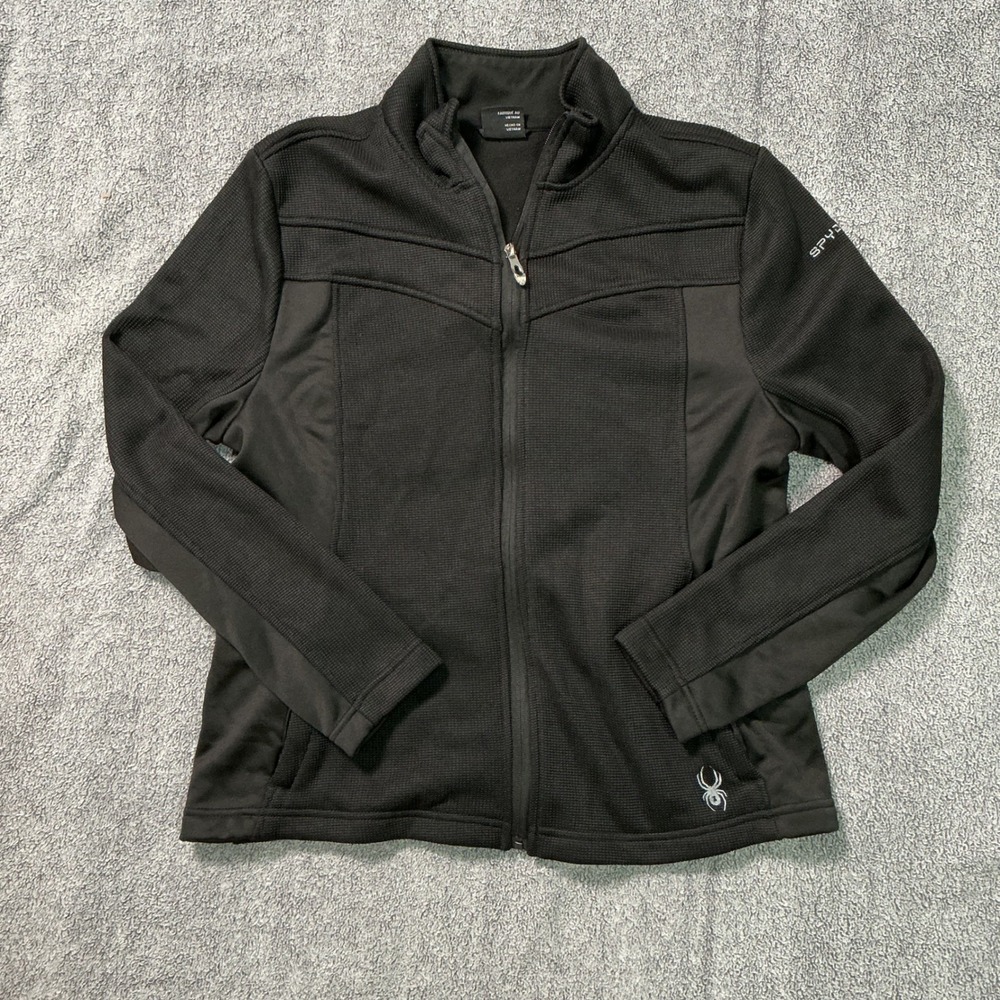 Spyder Womens Black Waffle Grid Fleece Full Zip Jacket Mock Neck Size Large